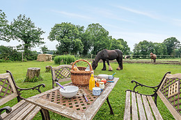 Une roulotte et des chevaux